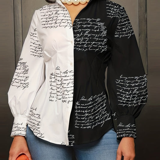 Women's Plus Colorblock Letter Print Long Sleeve Blouse