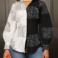 Women's Plus Colorblock Letter Print Long Sleeve Blouse