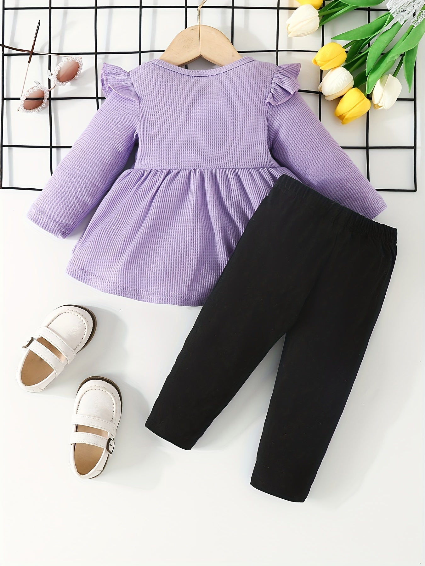 Baby Girls Cartoon Ruffled Ribbed Peplum Top & Pants Set