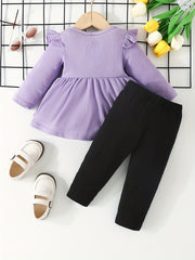 Baby Girls Cartoon Ruffled Ribbed Peplum Top & Pants Set