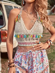 Crochet Tassel Crop Cami Top Boho Beach Backless V Neck Cami