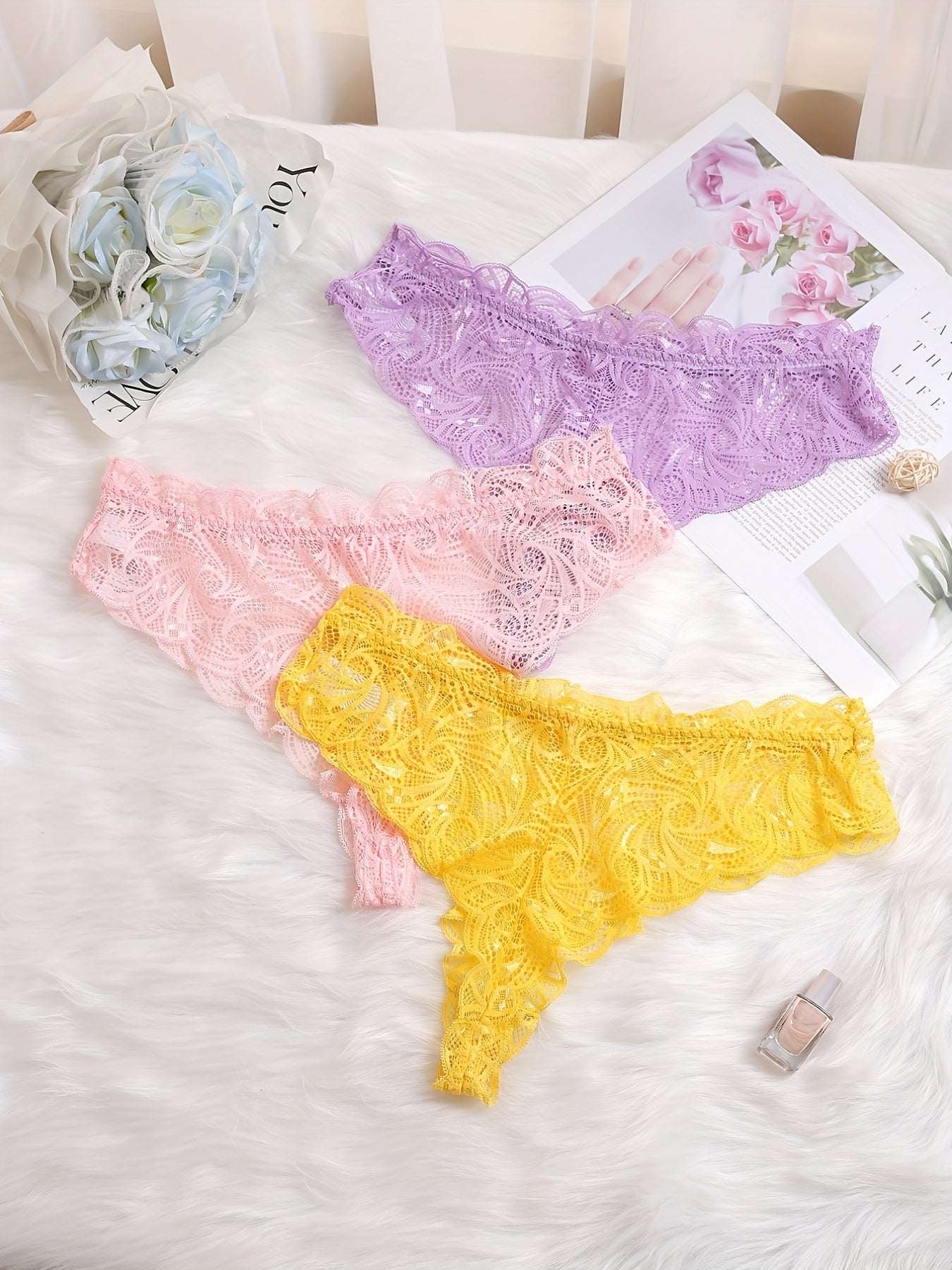 3 Pack Plus Size Sexy Panties Set Lace Bow Detail See Through Underwear