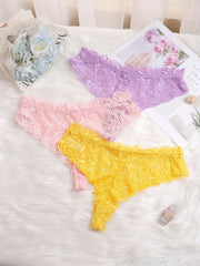 3 Pack Plus Size Sexy Panties Set Lace Bow Detail See Through Underwear