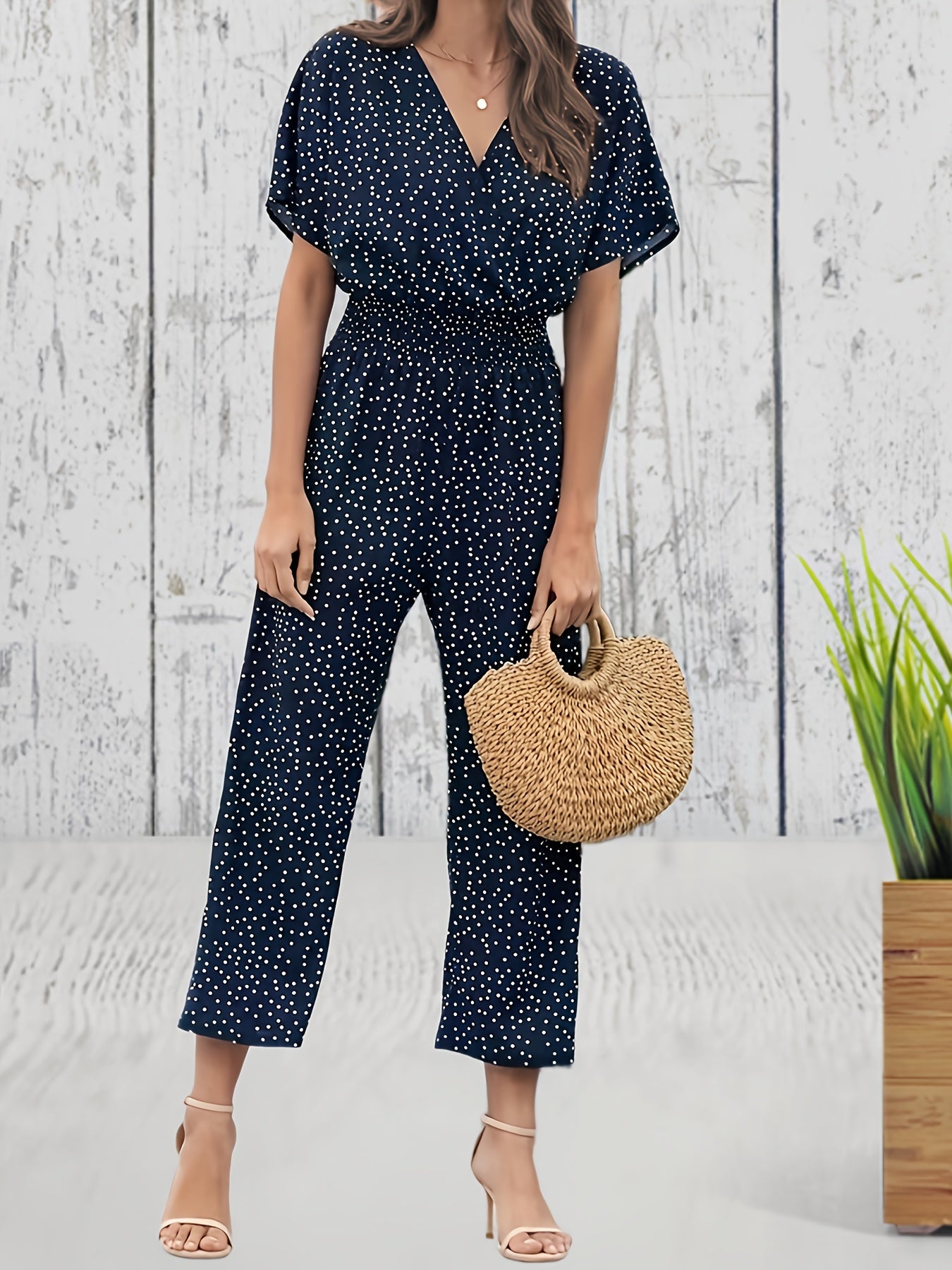 Pin Dot Print Cropped Jumpsuit Casual V Neck Short Sleeve Wide Leg Jumpsuit