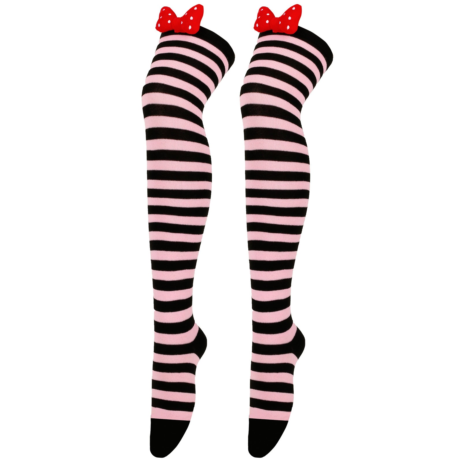 Striped Thigh High Stockings With Bow Over Knee Socks