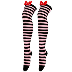 Striped Thigh High Stockings With Bow Over Knee Socks