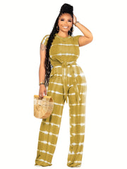 Tie Dye Casual Set Short Sleeve Lace Up T shirt & Pants Outfits