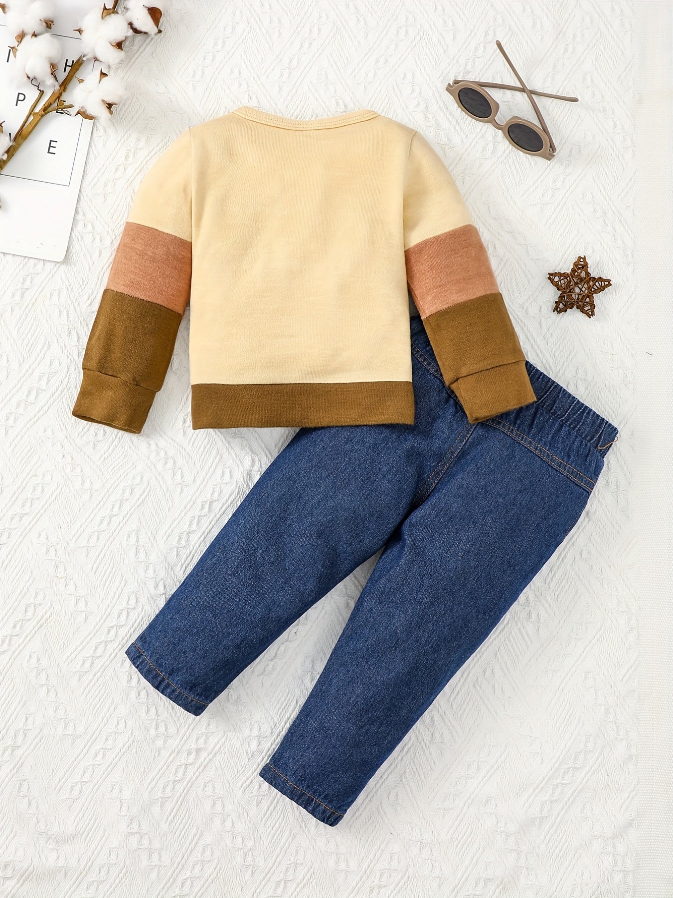 2pc Toddler Boys Colorblock Pullover Top & Ripped Jeans Set
