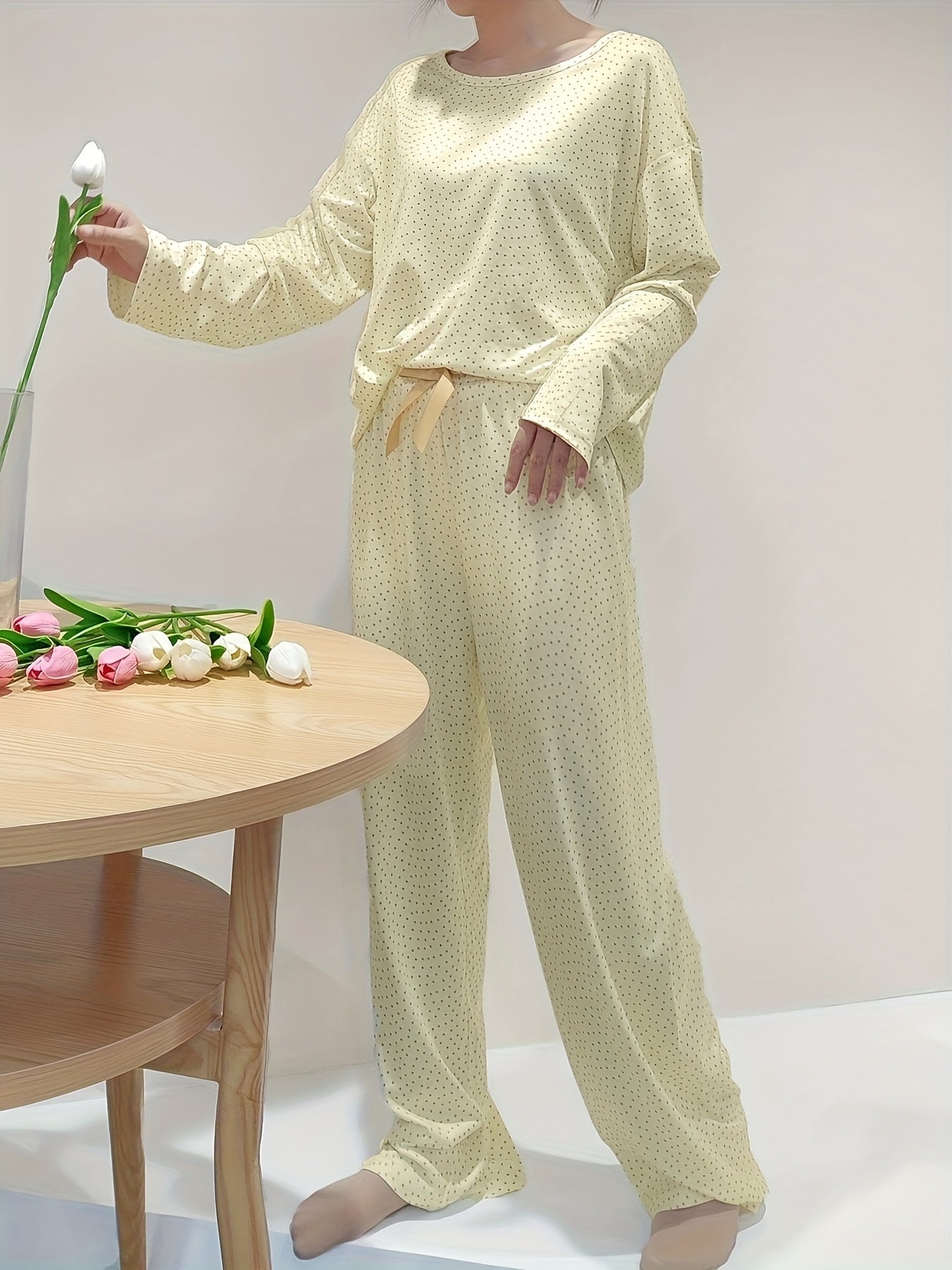 Polka Dot Lounge Set Long Sleeve Top & Pants Women's Loungewear