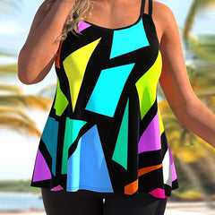 Graphic Print Tankini Set Split Strap Top & Shorts Swimsuit