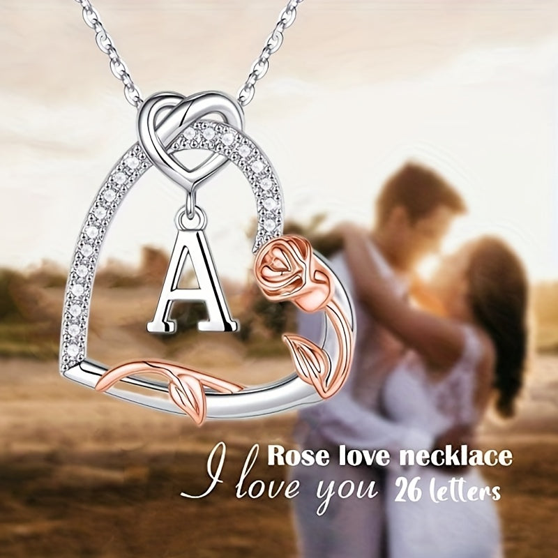 Heart Rose Letter Pendant Necklace Holiday Gift For Girls
