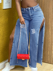 Split Denim Pants Wide Leg Loose Fit Jeans