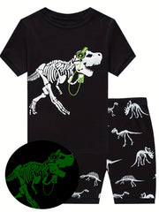 2pcs Boys Dino Print Short Sleeve T shirt & Short Set