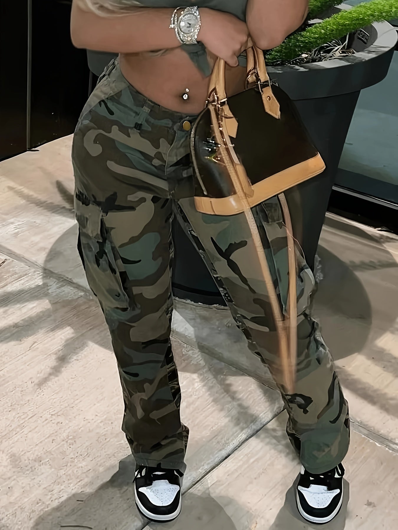 Camo Print High Stretch Cargo Jeans