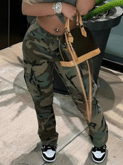 Camo Print High Stretch Cargo Jeans
