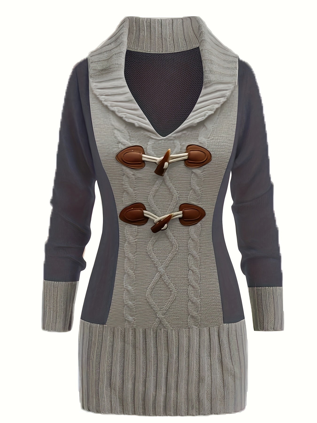 Colorblock Cable Button V-Neck Mini Sweater Dress