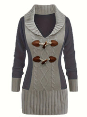 Colorblock Cable Button V-Neck Mini Sweater Dress