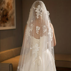 Baroque Faux Pearl Veil Accessory Bride Veil Lace Edge Tulle Veil