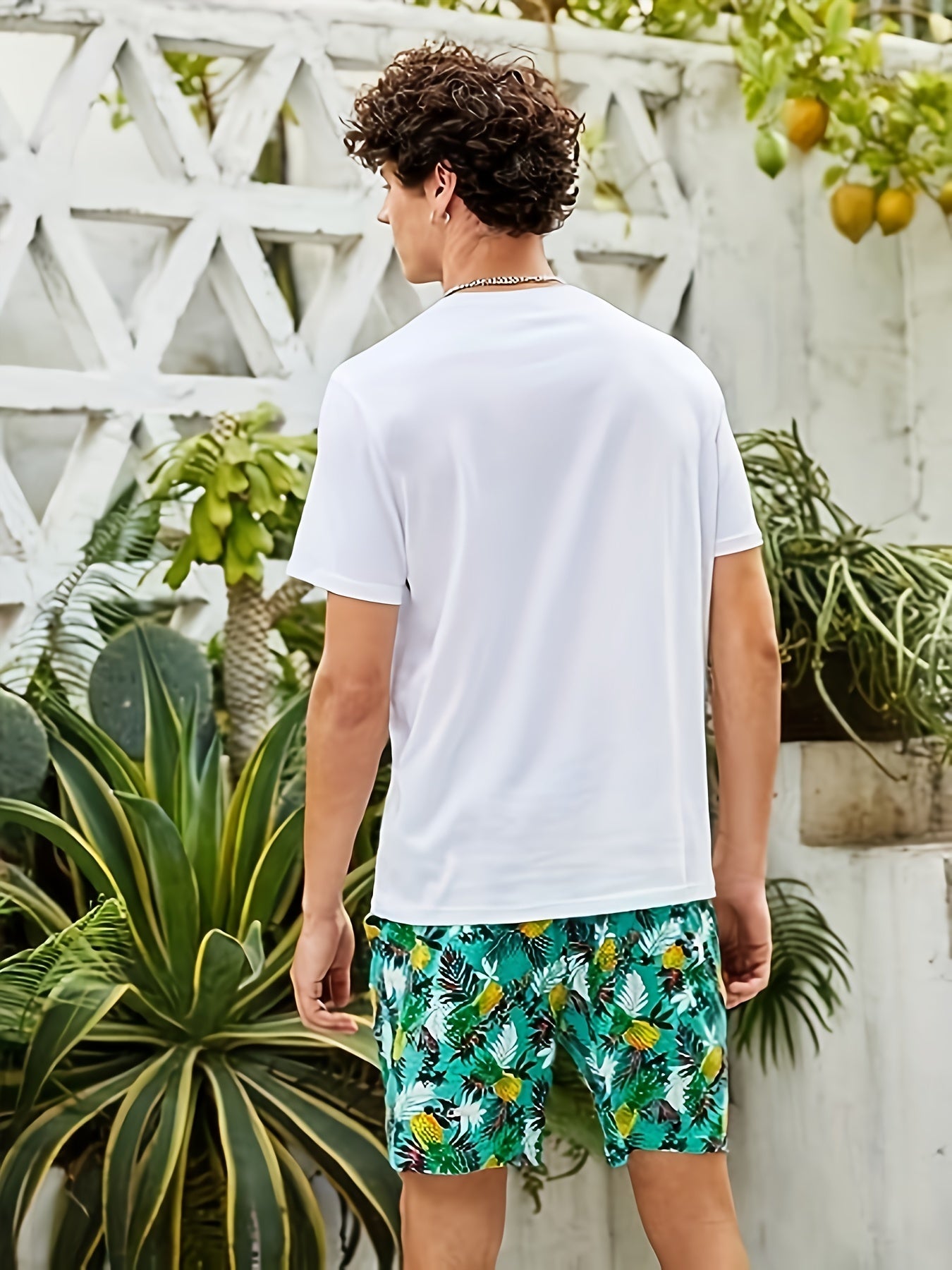 Coconut Tree Print T-shirt & Drawstring Shorts Set for Men