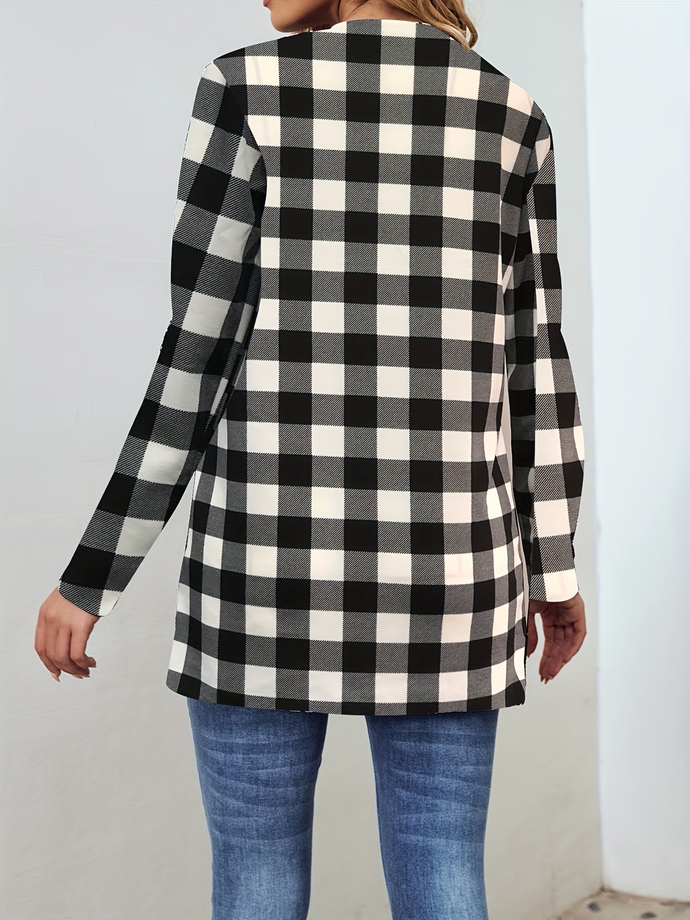 Gingham Print Open Front Jacket Long Sleeve