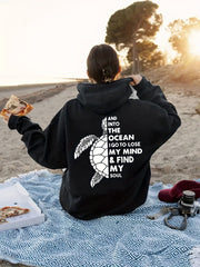 Turtle & Letter Print Kangaroo Pocket Hoodie Long Sleeve Drawstring Hoodies