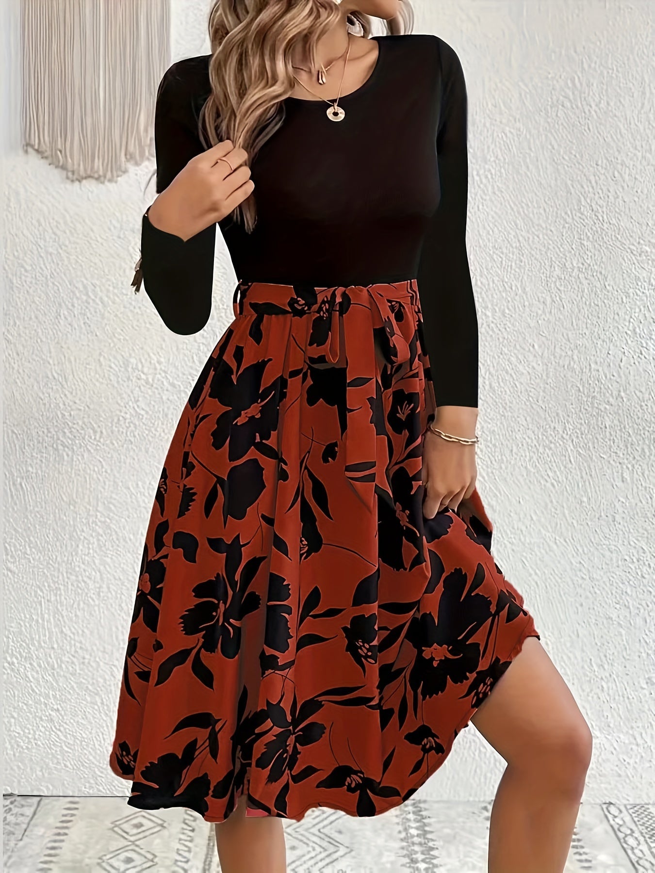 Colorblock Floral Print Long Sleeve Maxi Dress With Belt