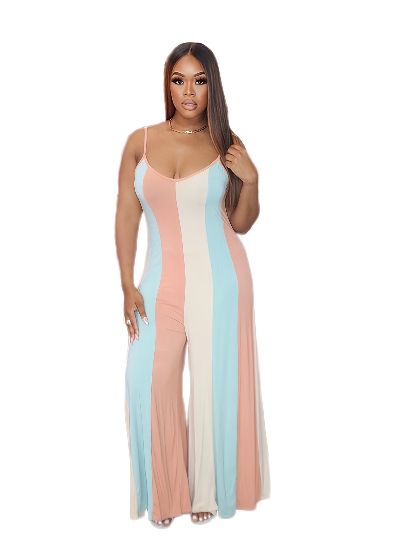 Colorblock Loose Fit Cami Wide Leg Jumpsuit Plus Size