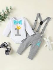 Letter Print Long Sleeve Romper & Overall Pants Set