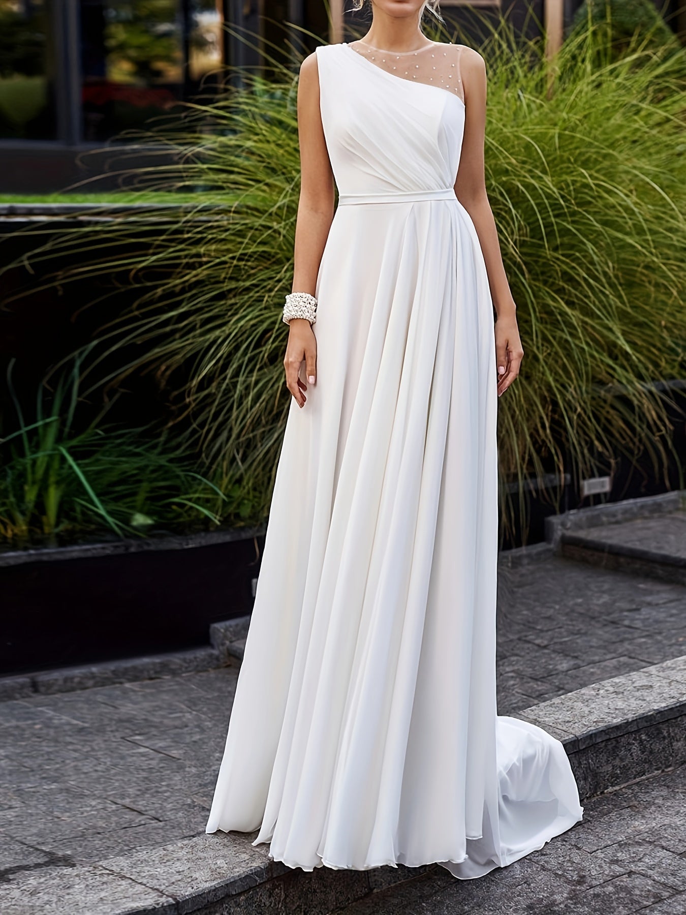 Bridesmaid Dress Contrast Mesh Maxi Formal Evening Dress