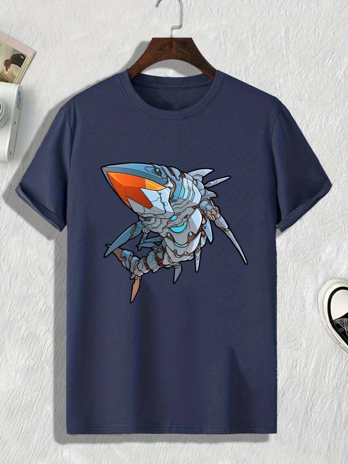 Mechanical Shark Print Men's Comfy T-shirt for Outdoor