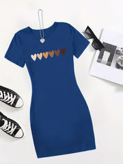 Heart Print Bodycon Dress Short Sleeve for Spring & Summer
