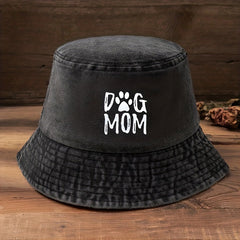 DOG MOM Print Bucket Hat Washed Distressed Sunscreen Cap