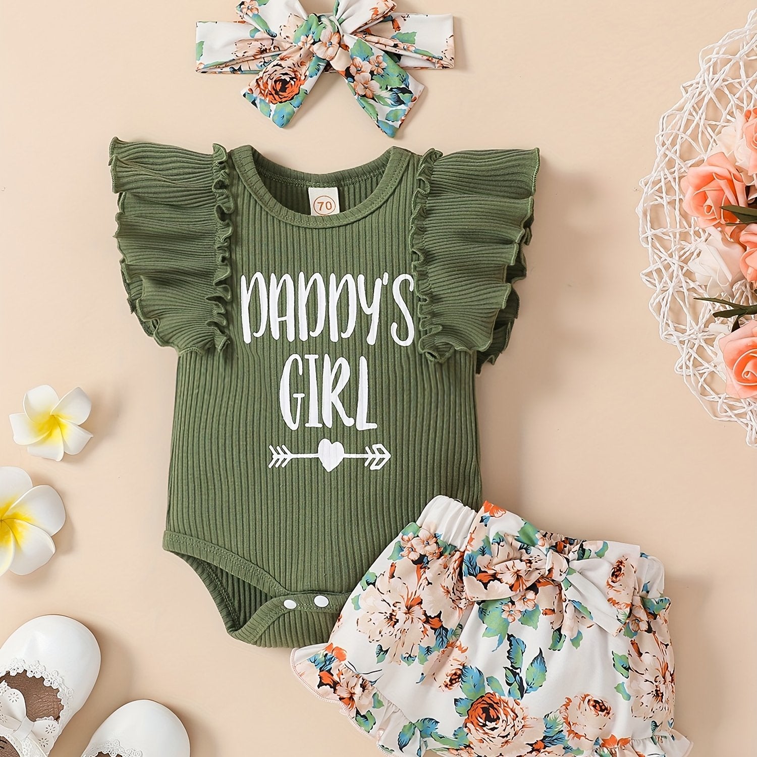 3pcs Baby Girls Daddy's Girl Ruffle Sleeve Onesie & Floral Shorts Set