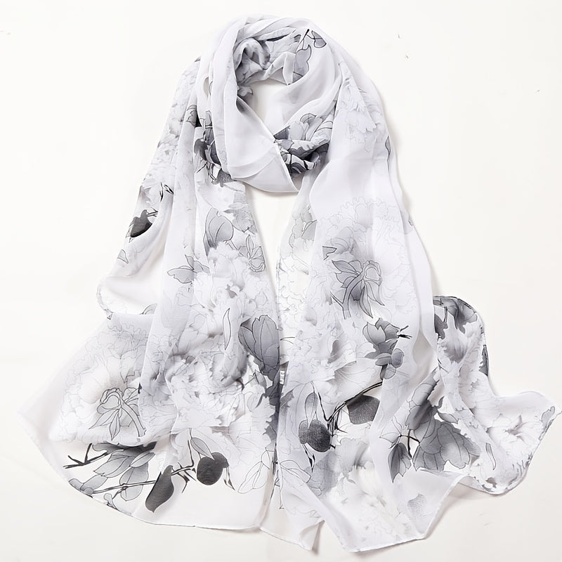 Chiffon Flower Print Soft Wrap Scarf Long Silk Shawl