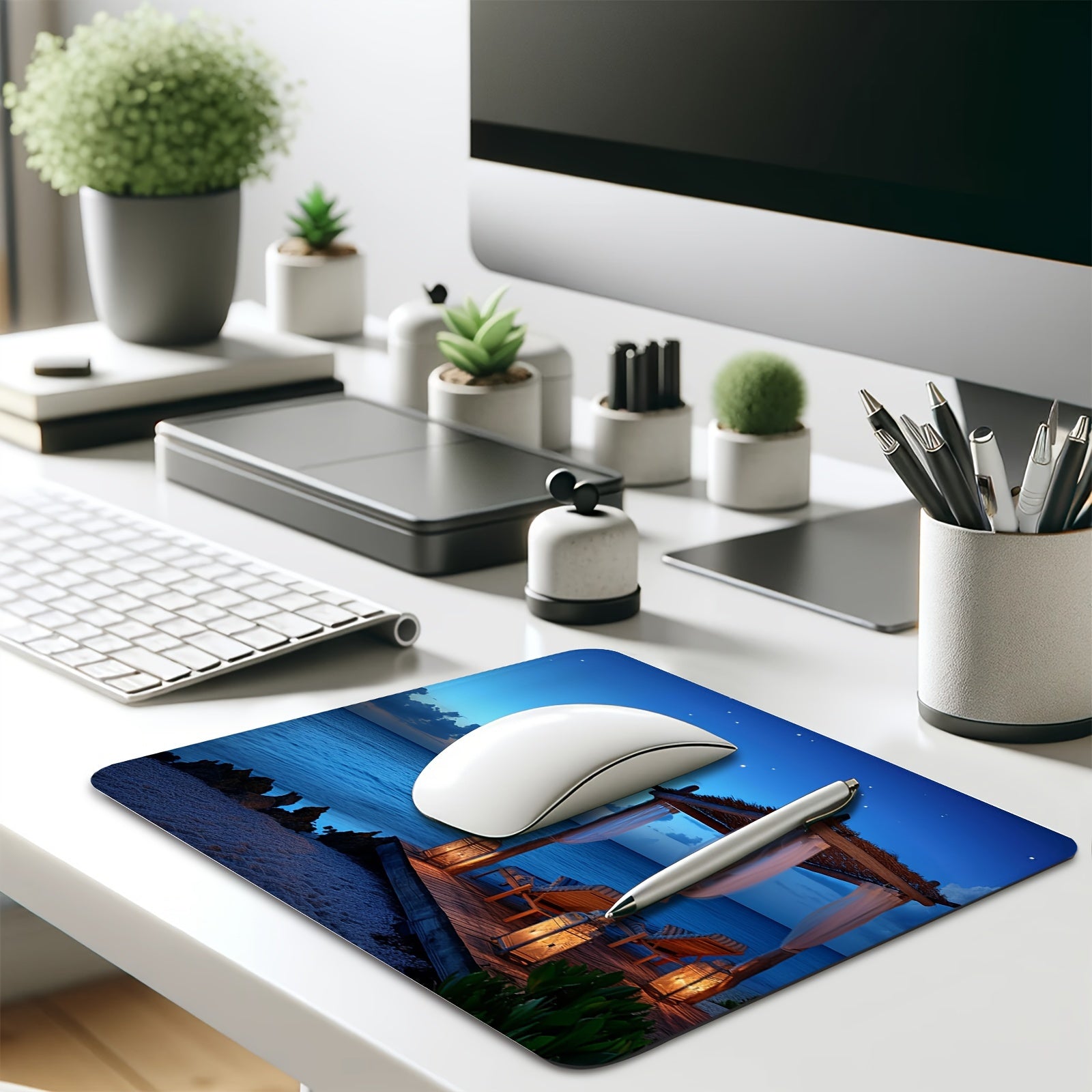 Night Time Serene Dock Lights Mouse Pad Non Slip Rubber Base