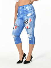 Flag & Denim Print High Waist Leggings