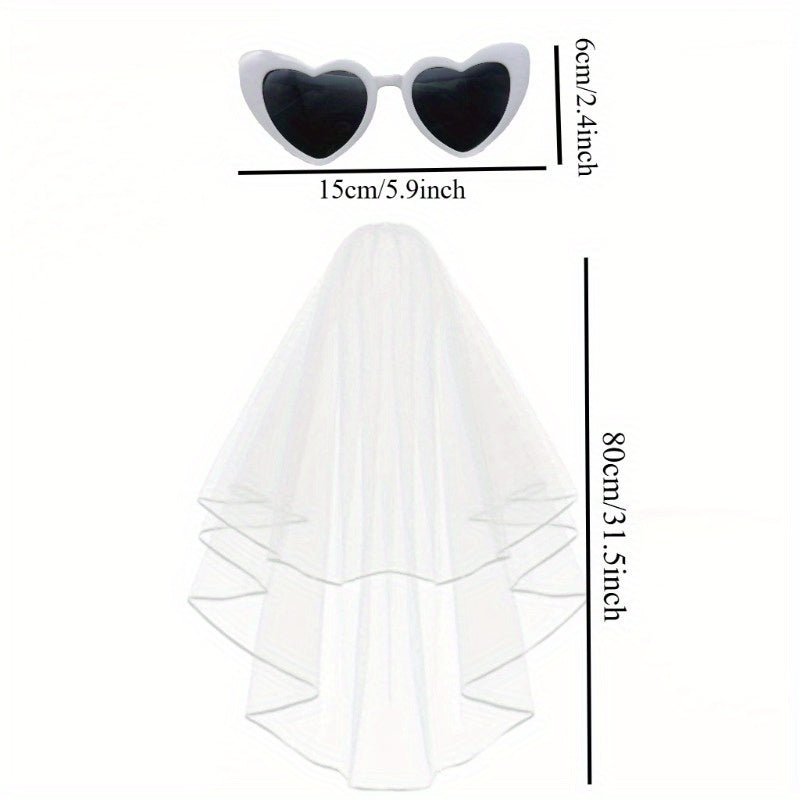 Beach Party Bride Outfit 3pcs Set Short Tulle Veil & Heart Shaped Glasses
