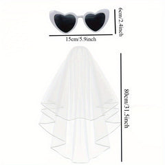Beach Party Bride Outfit 3pcs Set Short Tulle Veil & Heart Shaped Glasses