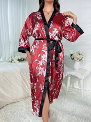Satin Floral Print Robe Long Sleeve Belted Nightgown