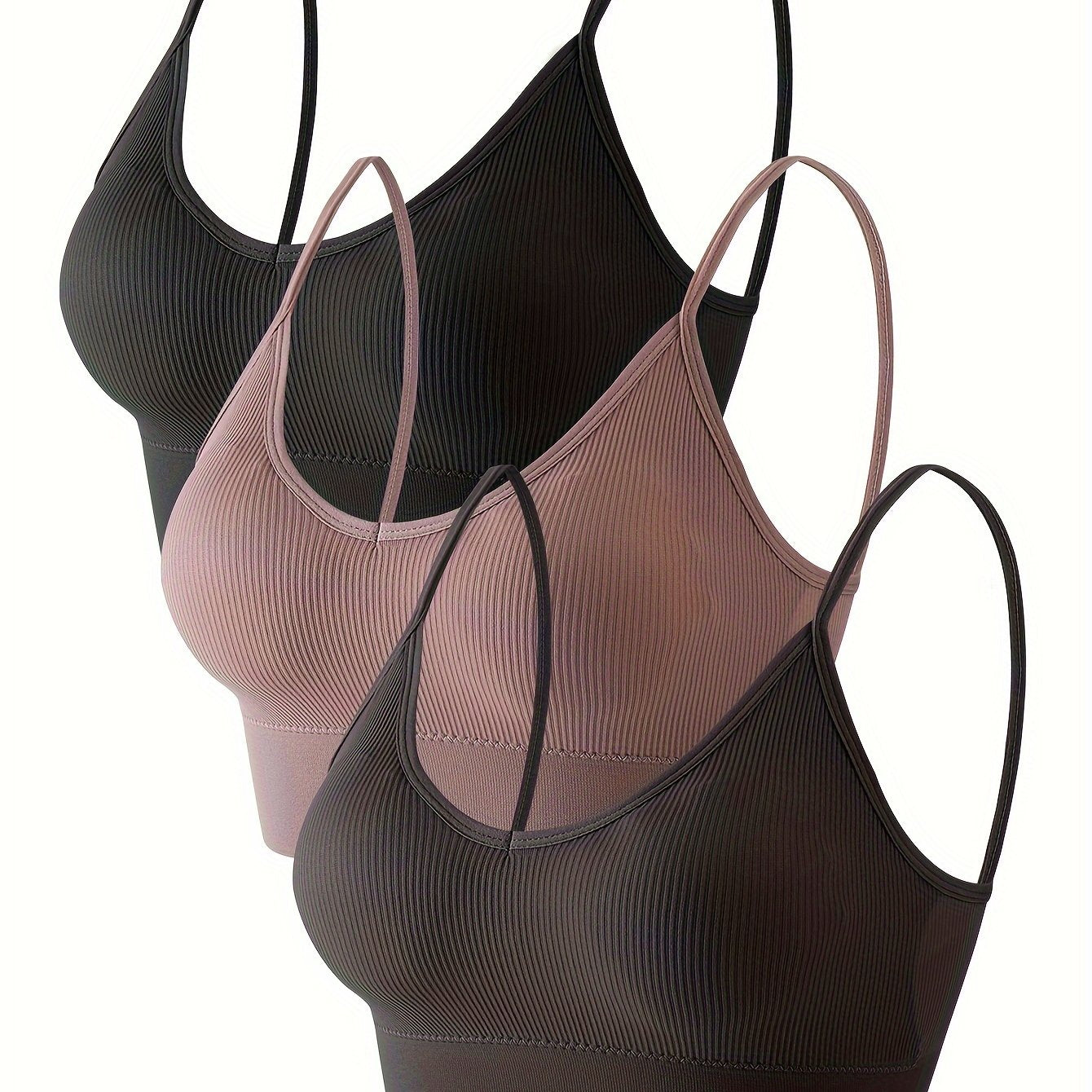 3pcs Solid Ribbed Cami Crop Tops V Neck Hollow Out Top Women's Lingerie