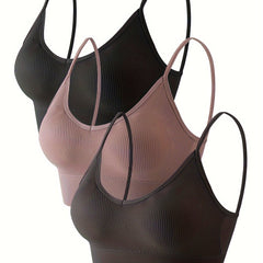 3pcs Solid Ribbed Cami Crop Tops V Neck Hollow Out Top Women's Lingerie