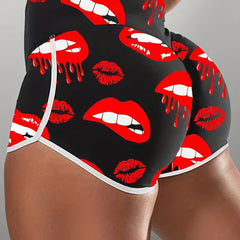 Women's Plus Abstract Red Lip Print High Rise Skinny Shorts