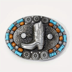 Boho Turquoise Beads Inlaid Belt Buckle Cowboy Boots Pattern Engraved Vintage