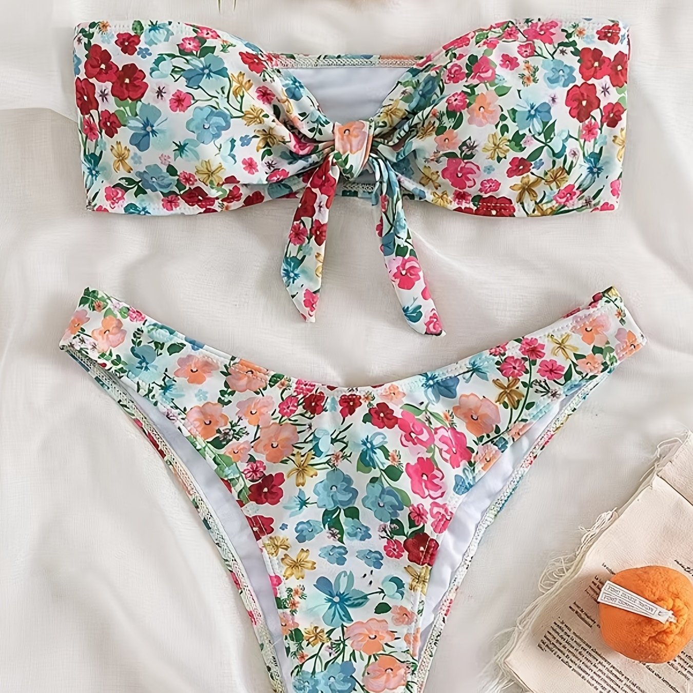 Floral Print Bandeau Bikini Sets Knot Front Strapless Tube Top