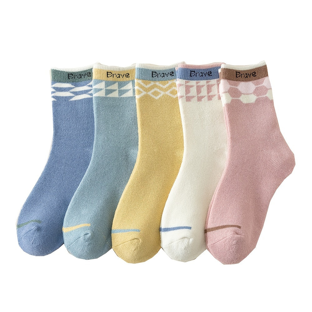 5 Pairs Geometric Pattern Socks Crew Socks Women's Stockings