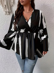 Brush Print Flared Sleeve V Neck Peplum Shirt Top