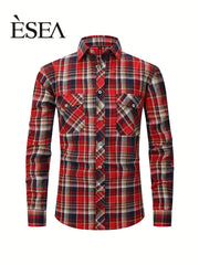 Men's Double Pocket Plaid Shirt for Spring Fall