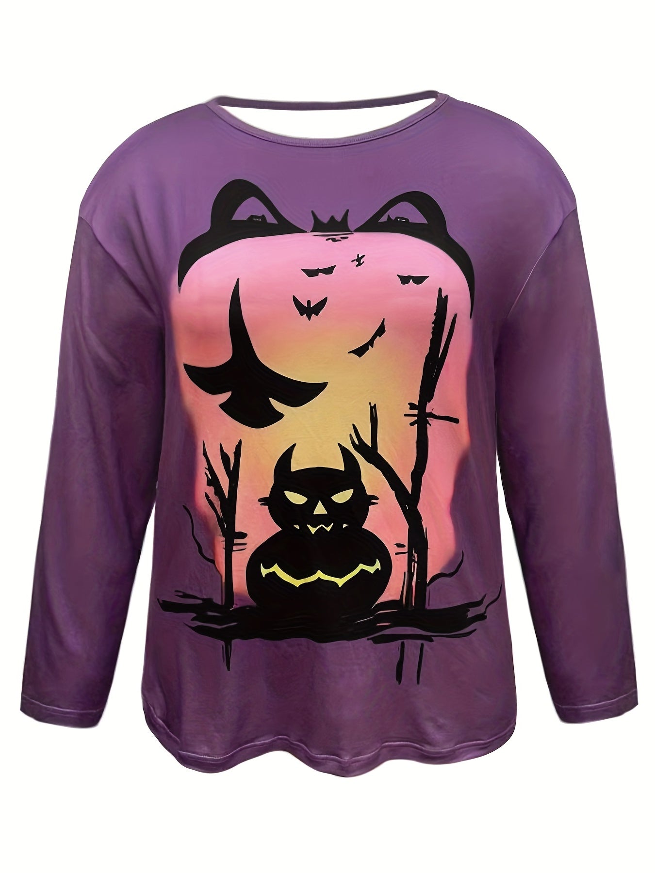 Halloween Sports Top Women's Plus Pumpkin & Bat Print Round Neck Fit