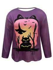 Halloween Sports Top Women's Plus Pumpkin & Bat Print Round Neck Fit