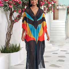 Boho Abaya Dress Women's Plus Colorblock Bat Sleeve V Neck